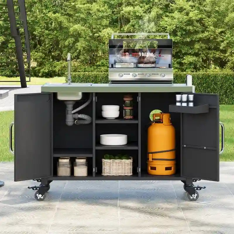 Isola cucina da esterno con lavello, Lavello portatile da esterno con 4 ruote bloccabili