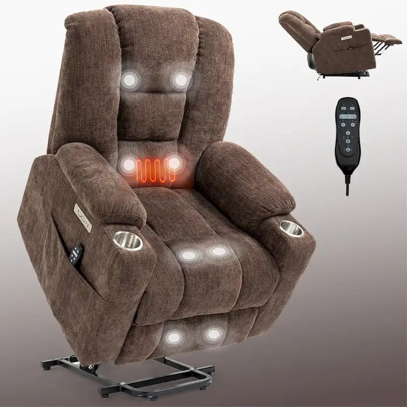 Poltrona Reclinabile Power Lift con Massaggio e Calore, Poltrone Reclinabili Larghe Imbottite Lazy Boy con USB, Porte Type C e 2 Portabicchieri in Acciaio