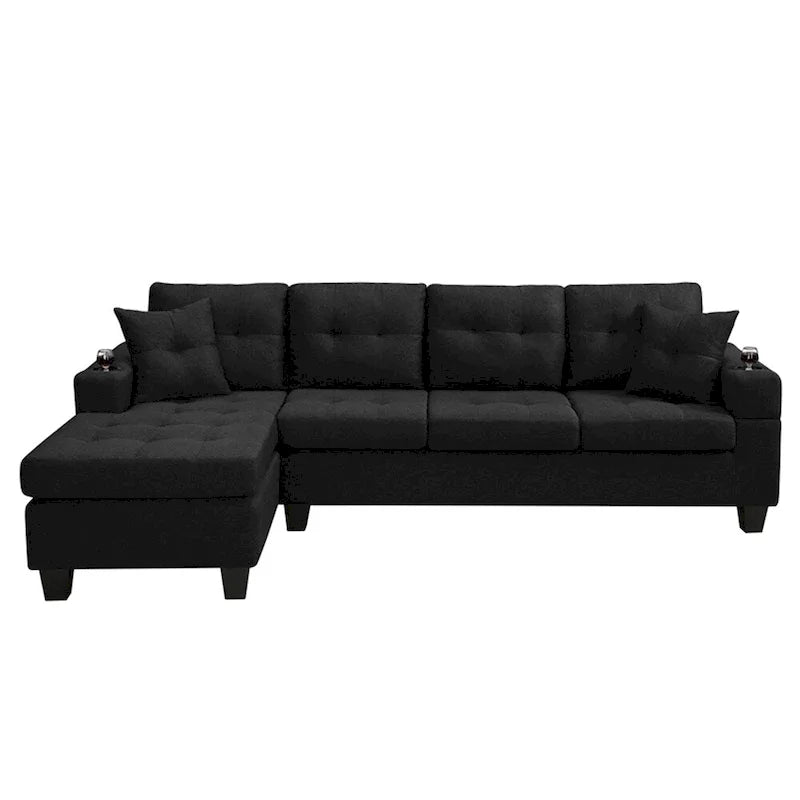 Divano componibile da soggiorno con chaise longue a L e portabicchieri