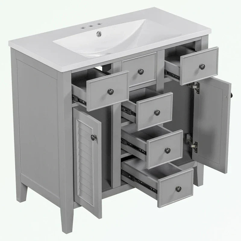 Mobile bagno con lavabo in ceramica, due ante e cinque cassetti