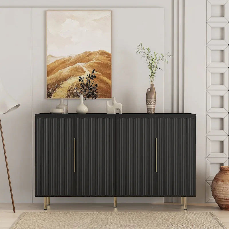 Credenza a buffet con ante decorative scanalate, Credenza in legno con maniglie in metallo, Mobile contenitore con ripiani regolabili