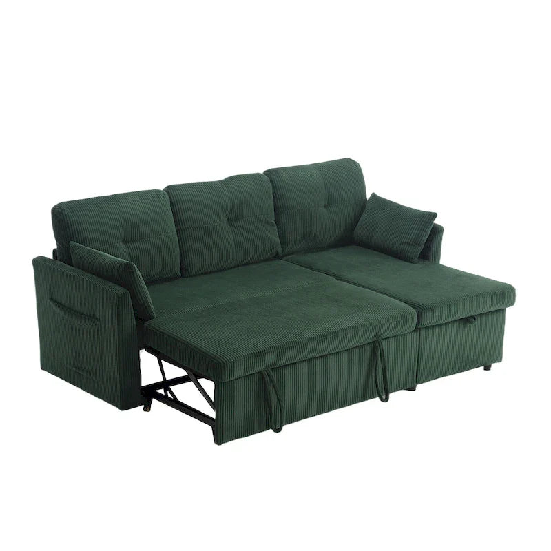 Divano Sezionale a L con Chaise Reversibile, Rivestimento in Velluto a Coste/Ciniglia, con Bracciolo Portaoggetti e Tasca Laterale