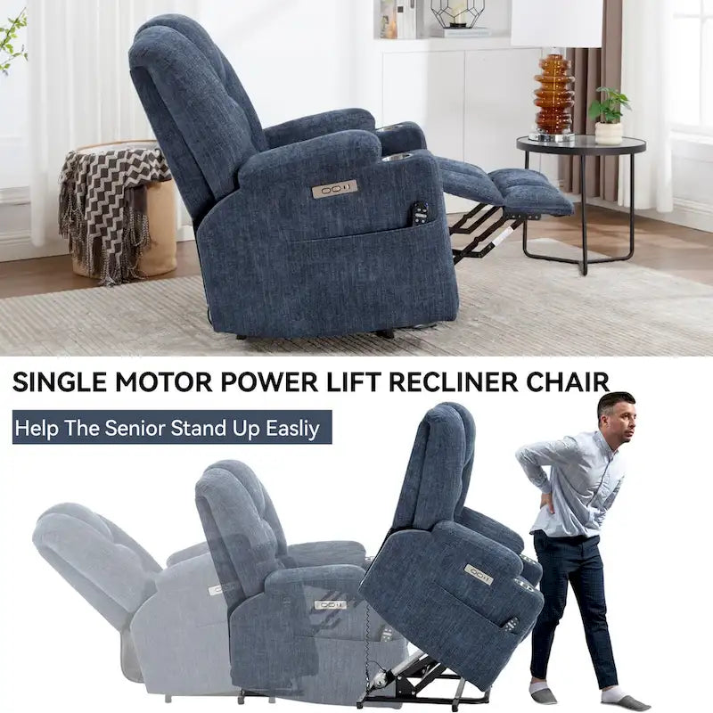 Poltrona Reclinabile Power Lift con Massaggio e Calore, Poltrone Reclinabili Larghe Imbottite Lazy Boy con USB, Porte Type C e 2 Portabicchieri in Acciaio