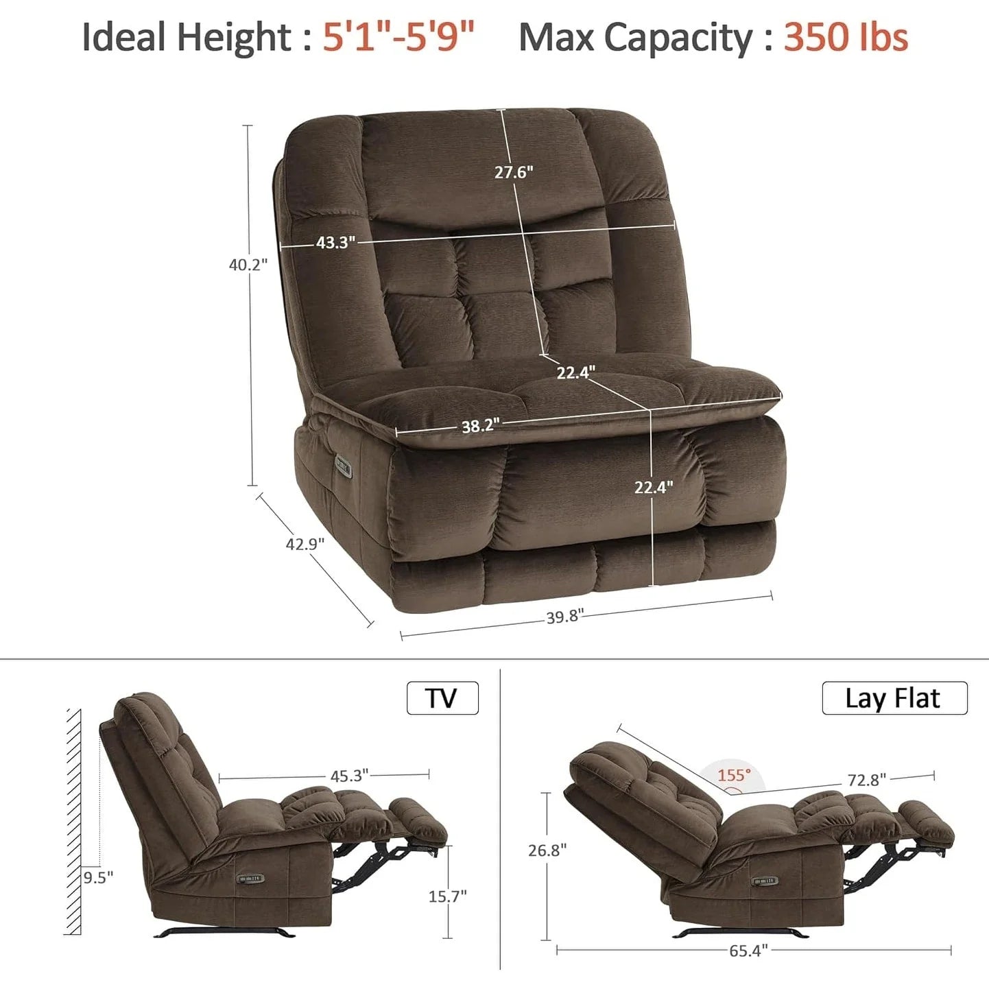 MCombo Poltrona Reclinabile Basculante Elettrica Oversize senza Braccioli con Doppio Motore, Reclinabile Zeroarms Perfetta per Soggiorno in Tessuto PR607