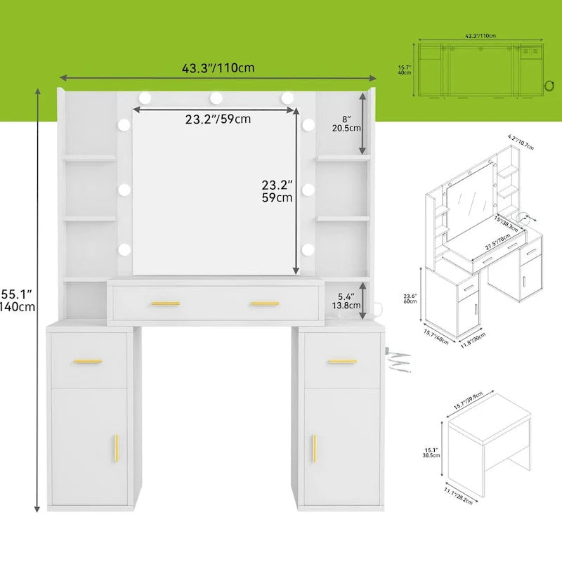 Toeletta con prese incorporate e specchio illuminato, 55,1A x 43,3L x 15,74P