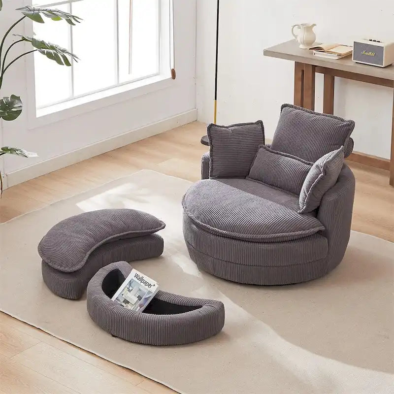 Poltrona girevole oversize con pouf contenitore Moon con 4 cuscini