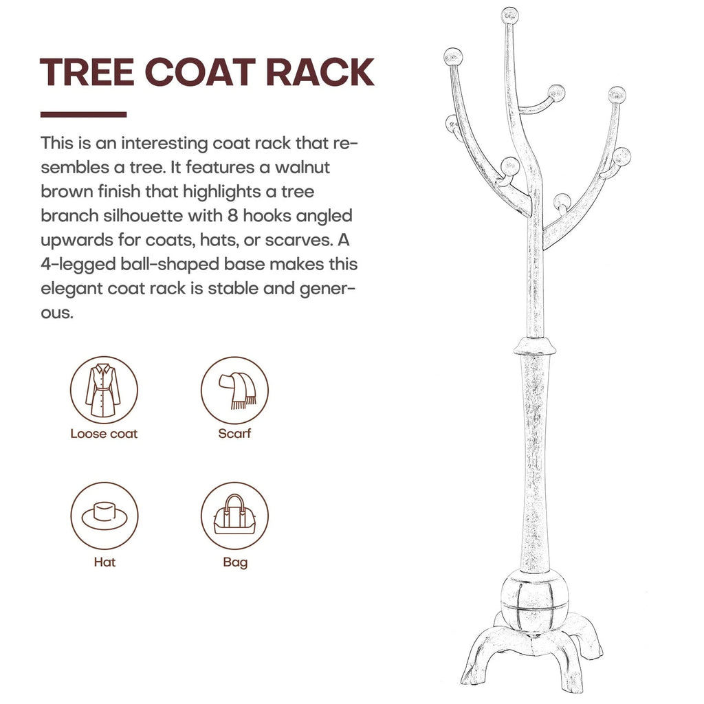 Appendiabiti da terra "ramo d'albero" in legno di gomma con 8 ganci - 24,5L x 70,87H