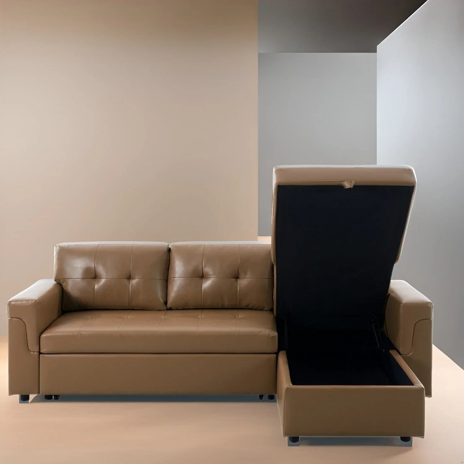 Divano componibile convertibile reversibile con letto estraibile, chaise longue con contenitore nascosto e gambe durevoli
