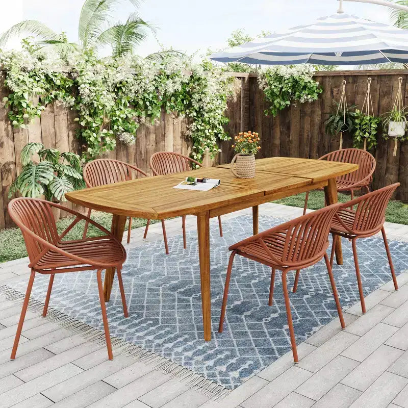 Set da pranzo da esterno allungabile da 7 pezzi con sedie impilabili, tavolo in legno di acacia