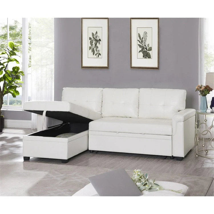 Divano componibile convertibile reversibile con letto estraibile, chaise longue con contenitore nascosto e gambe durevoli