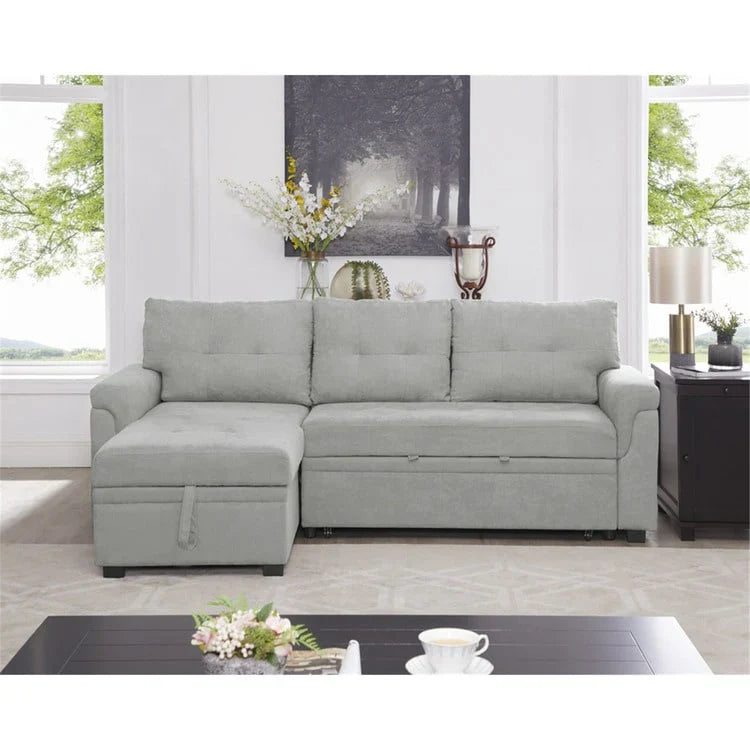 Divano componibile convertibile reversibile con letto estraibile, chaise longue con contenitore nascosto e gambe durevoli