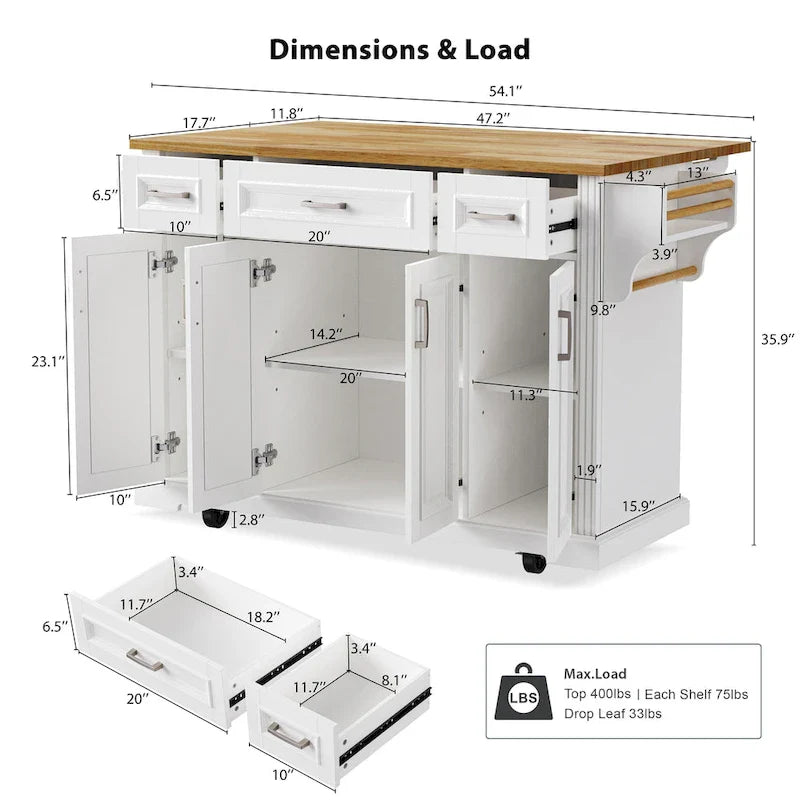 Grande isola da cucina con ribalta in legno, carrello da cucina arrotolabile con texture in rilievo, ante e cassetti con contenitore per cucina, bianco