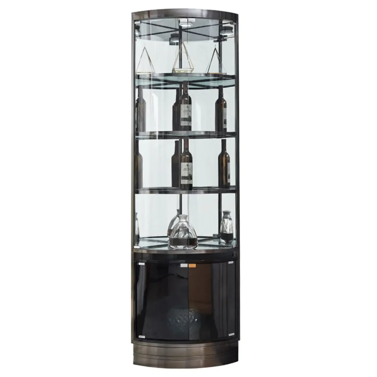 Mobile Bar Angolare con Scaffali Multipli in Vetro e Metallo per Esposizione