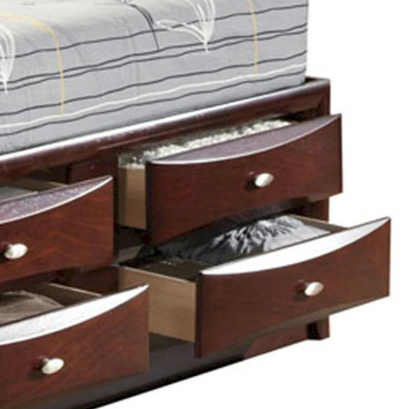Letto a pannelli queen size con libreria e cassetti, marrone
