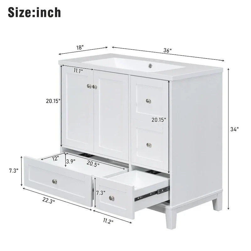Mobile bagno da 36 pollici con ricarica USB, lavabo in resina, telaio in legno massello, 3 cassetti contenitori