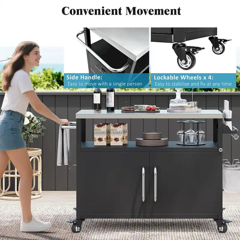 Isola da cucina per esterni con piano in acciaio inossidabile, carrello per barbecue in metallo con armadio di stoccaggio - N/A