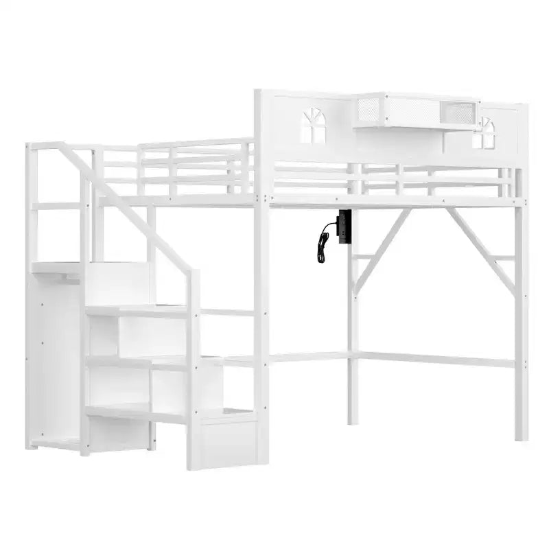Lit mezzanine ModernLuxe double/grand format avec escalier et armoire intégrée, cadre de lit en métal avec lumières LED, station de charge USB et étagères de rangement