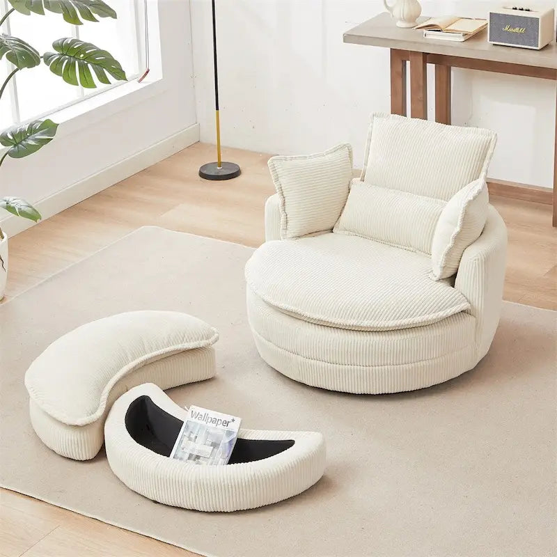 Poltrona girevole oversize con pouf contenitore Moon con 4 cuscini