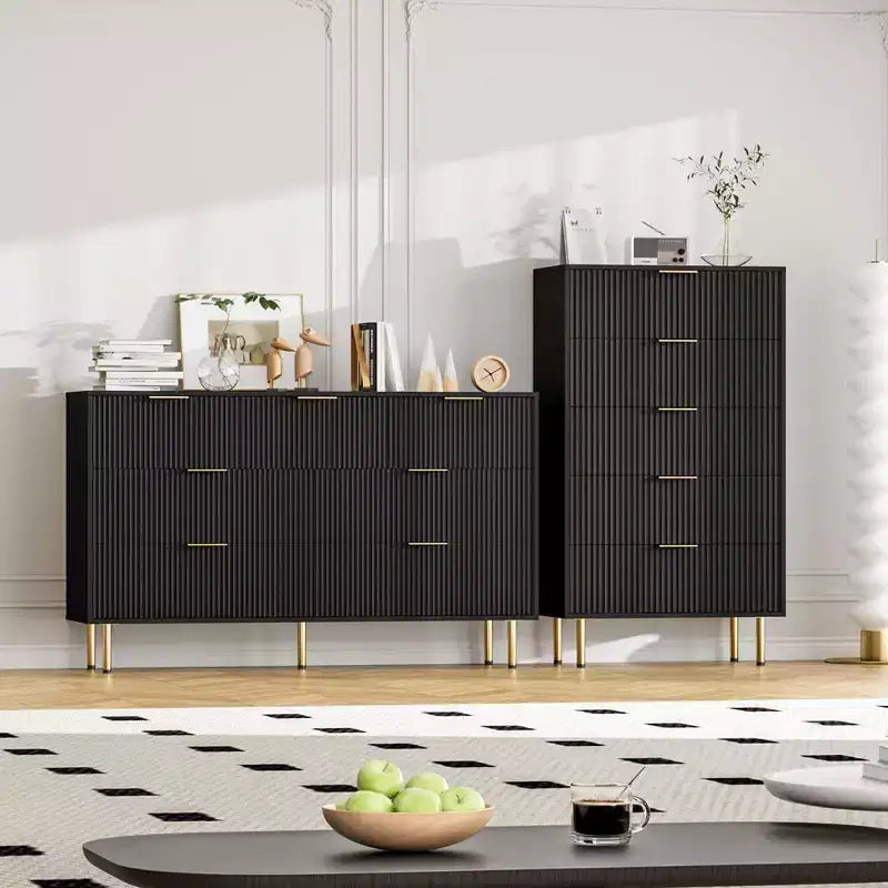 Commode 5 tiroirs Blanc / Marbre et Bois – Panneau cannelé, pour 1 personne