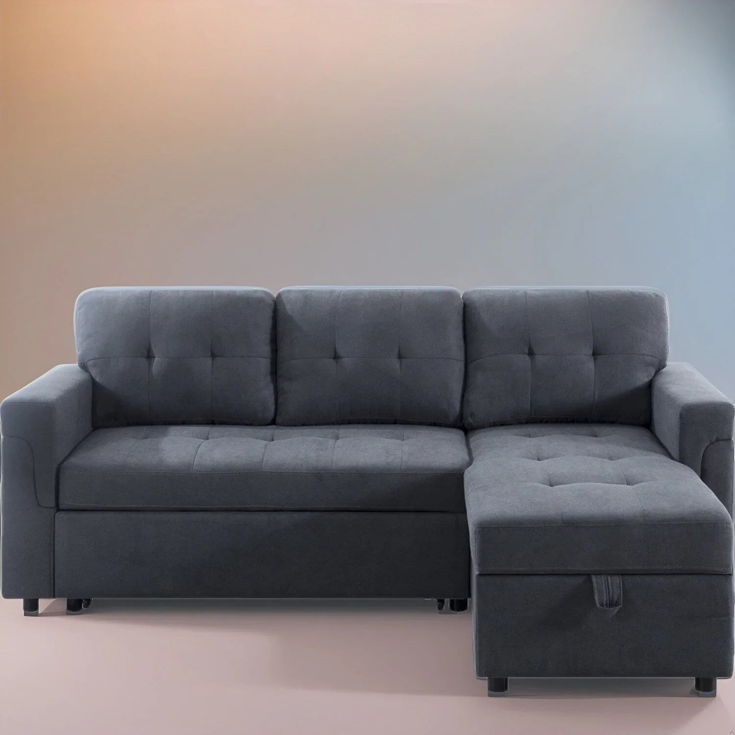 Divano sezionale reversibile con letto estraibile, chaise longue con contenitore nascosto, gambe durevoli,