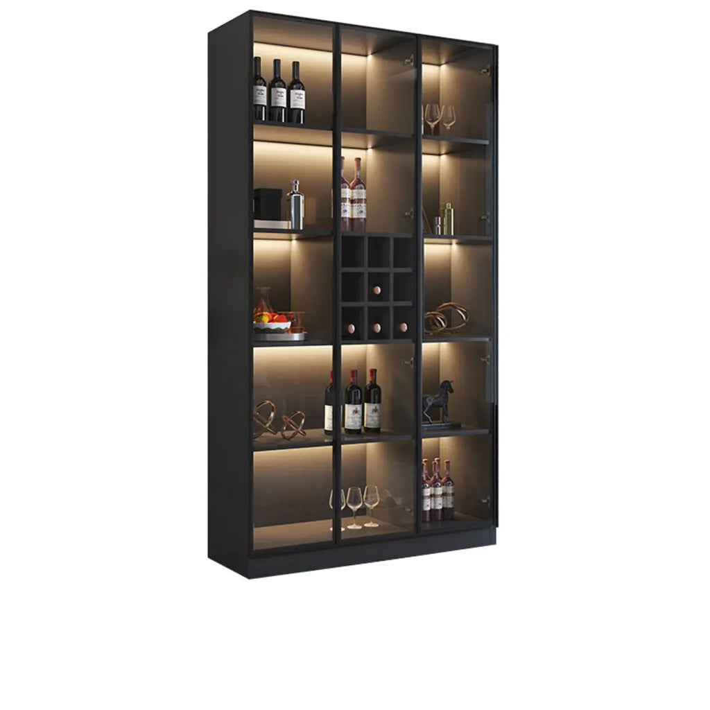 Mobile portabottiglie minimalista in legno nero con anta in vetro