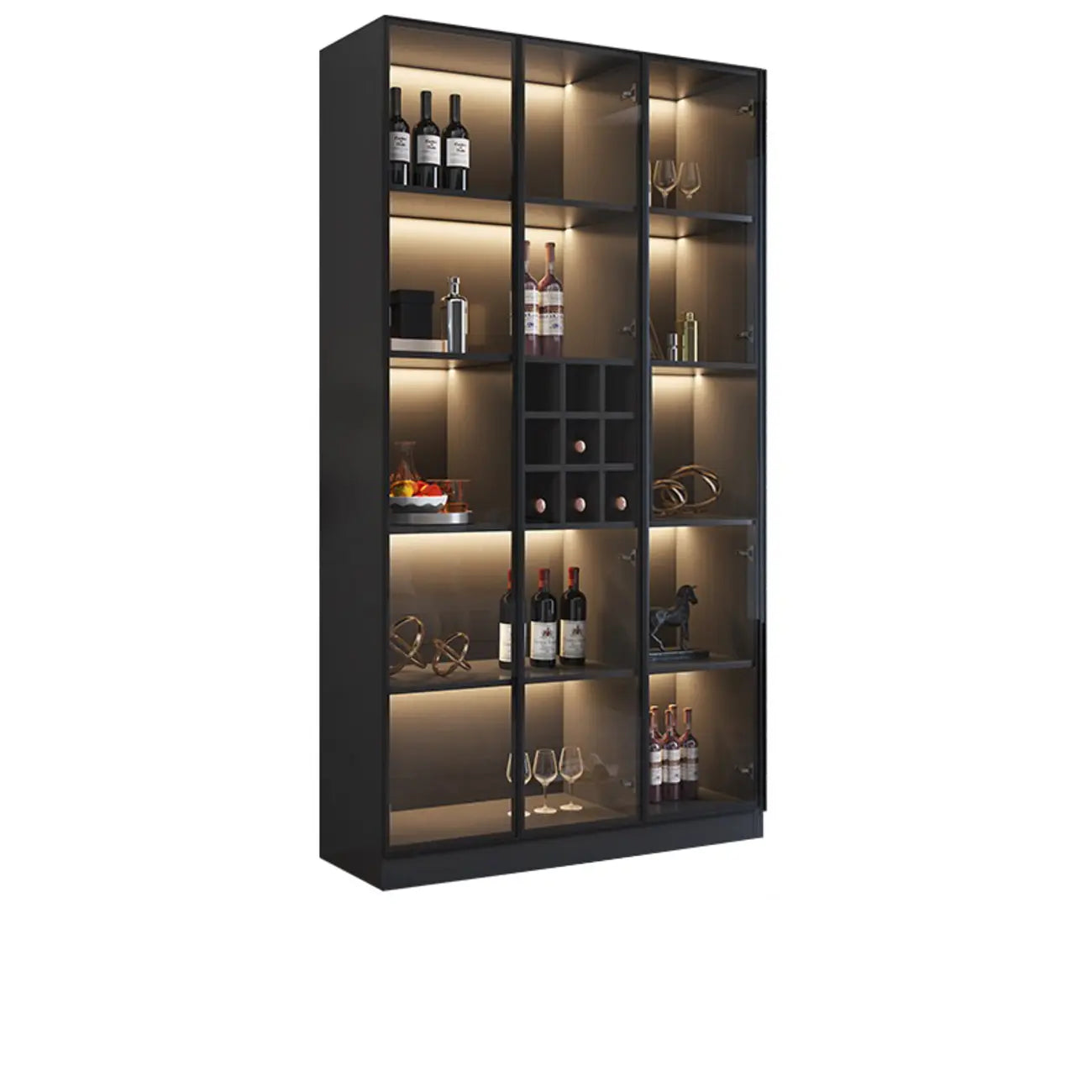 Mobile portabottiglie minimalista in legno nero con anta in vetro