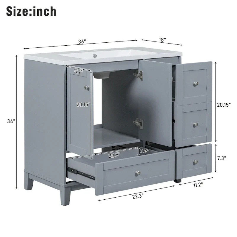 Mobile bagno da 36 pollici con ricarica USB, lavabo in resina, telaio in legno massello, 3 cassetti contenitori