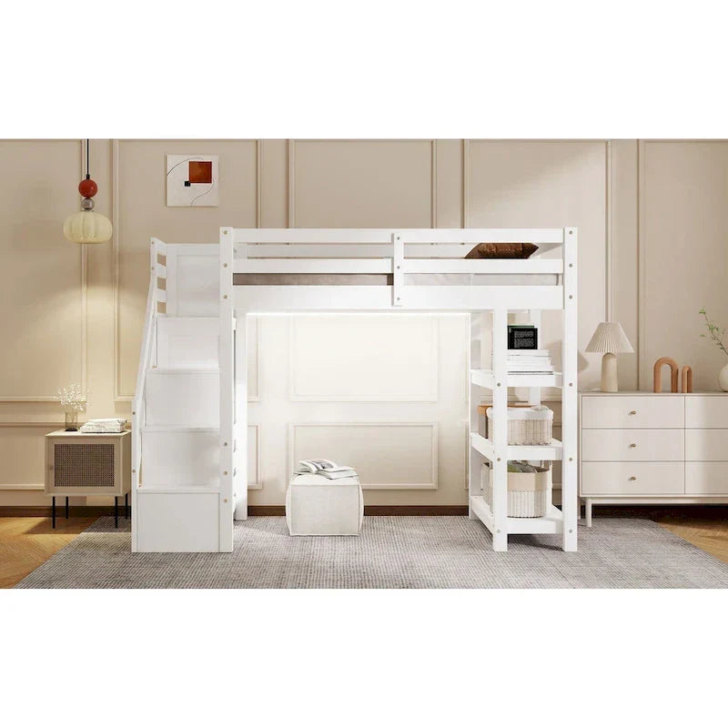 Letto a soppalco singolo/matrimoniale con scala contenitore - Ripiani, armadio e luce LED, design salvaspazio