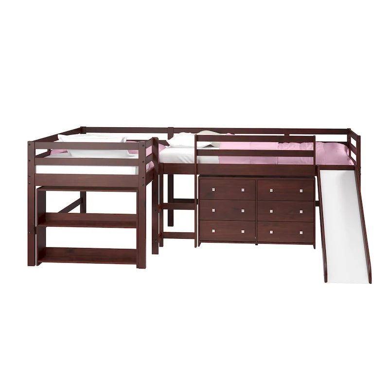 Set camera da letto a soppalco con scivolo a L, doppia matrimoniale, color cappuccino scuro