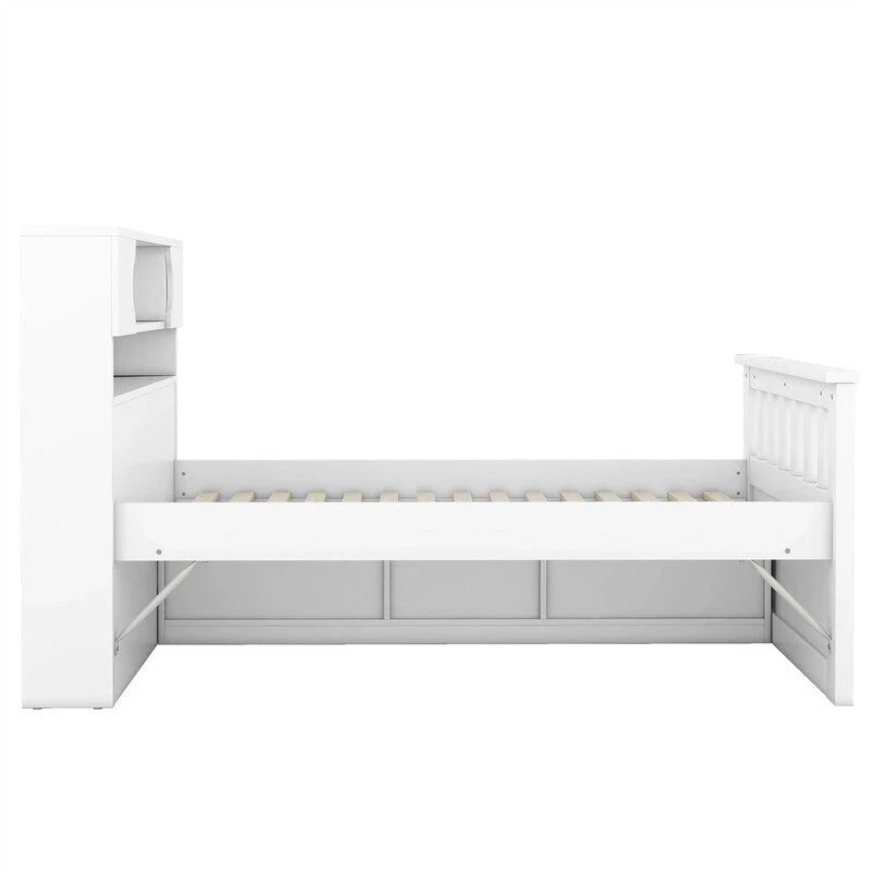 Letto a piattaforma Twin/Full Size Captain con 4 cassetti e mensole portaoggetti, struttura letto in legno massello con testiera libreria contenitore