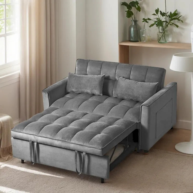 Divanetto Futon Moderno in Velluto con Schienale Reclinabile e Tasche, 2 Posti – Grigio Scuro / Grigio Chiaro / Blu / Nero