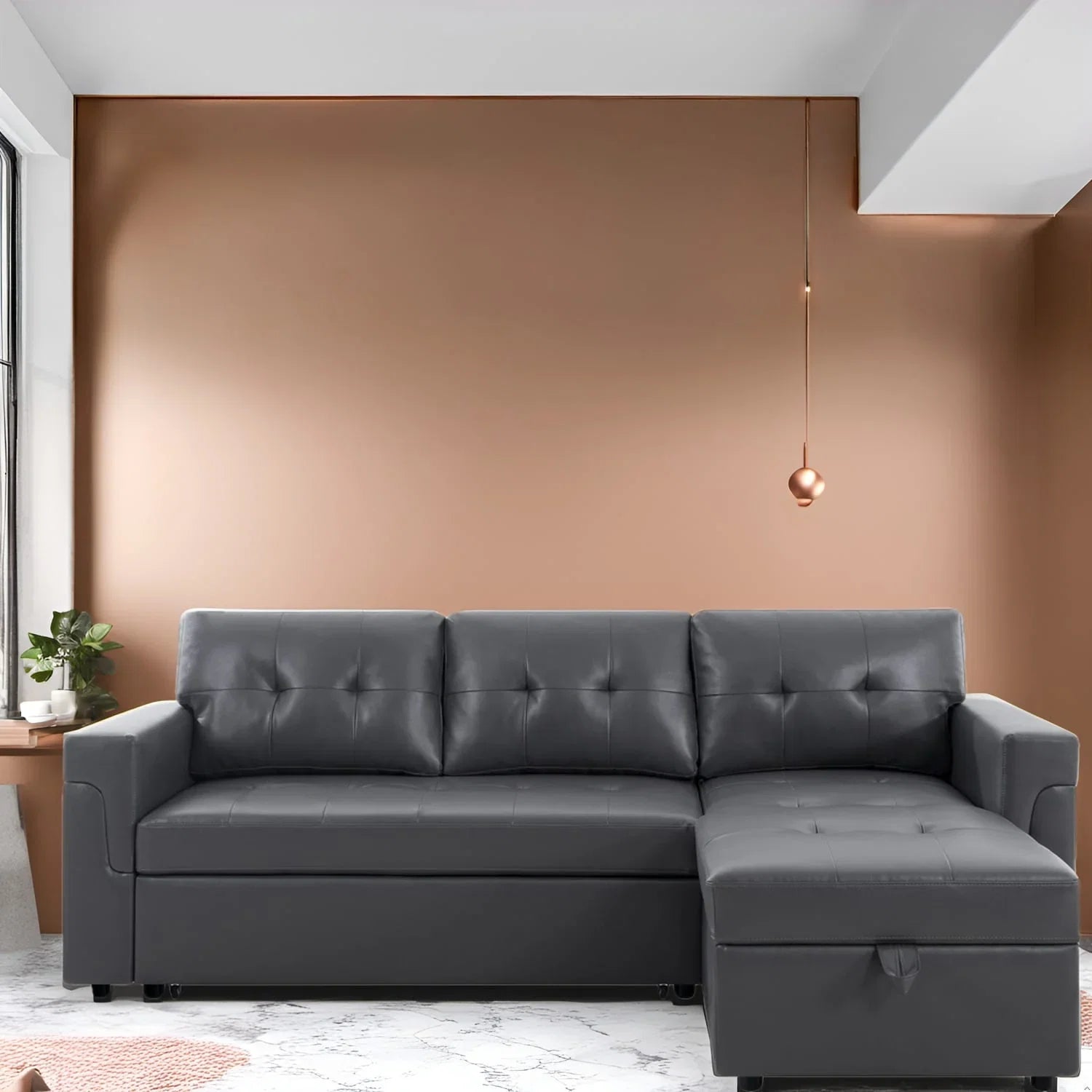 Divano sezionale reversibile con letto estraibile, chaise longue con contenitore nascosto, gambe durevoli,