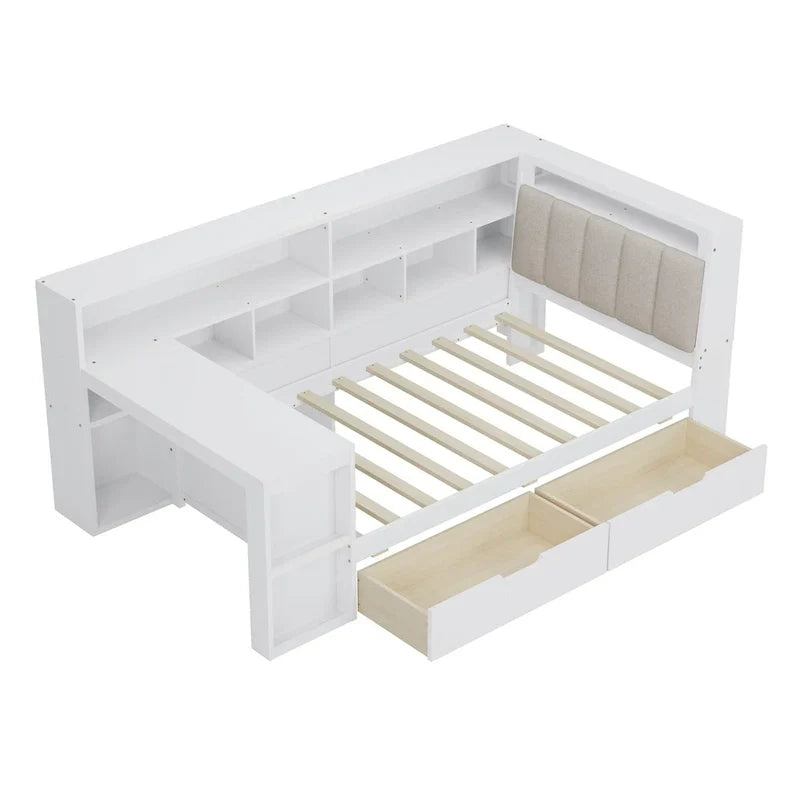 Divano Letto a "L" in Legno con Scrivania, Mobile Libreria, Letto Angolare con Cassetti Sottostanti, Testiera Imbottita con Luce Integrata