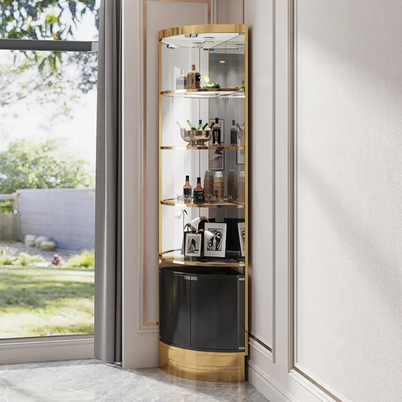 Mobile Bar Angolare con Scaffali Multipli in Vetro e Metallo per Esposizione