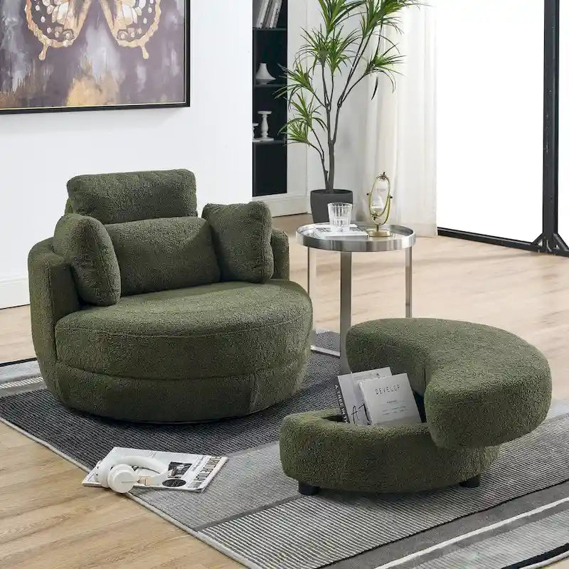 Poltrona a botte girevole di grandi dimensioni con pouf contenitore a forma di luna