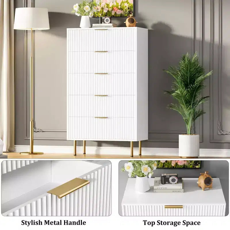 Commode 5 tiroirs Blanc / Marbre et Bois – Panneau cannelé, pour 1 personne