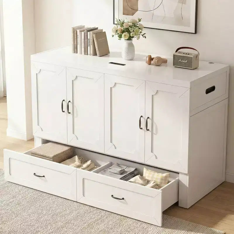 Letto a scomparsa matrimoniale Mjkone con materasso, ricarica USB, cassetti portaoggetti
