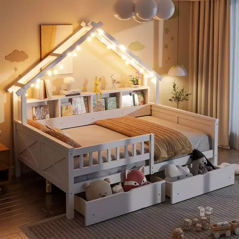 Struttura letto a casetta a grandezza naturale con cassetti, letto a piattaforma a casetta con luci LED, mensole e cassetti portaoggetti, divano letto in legno con tetto e sponda