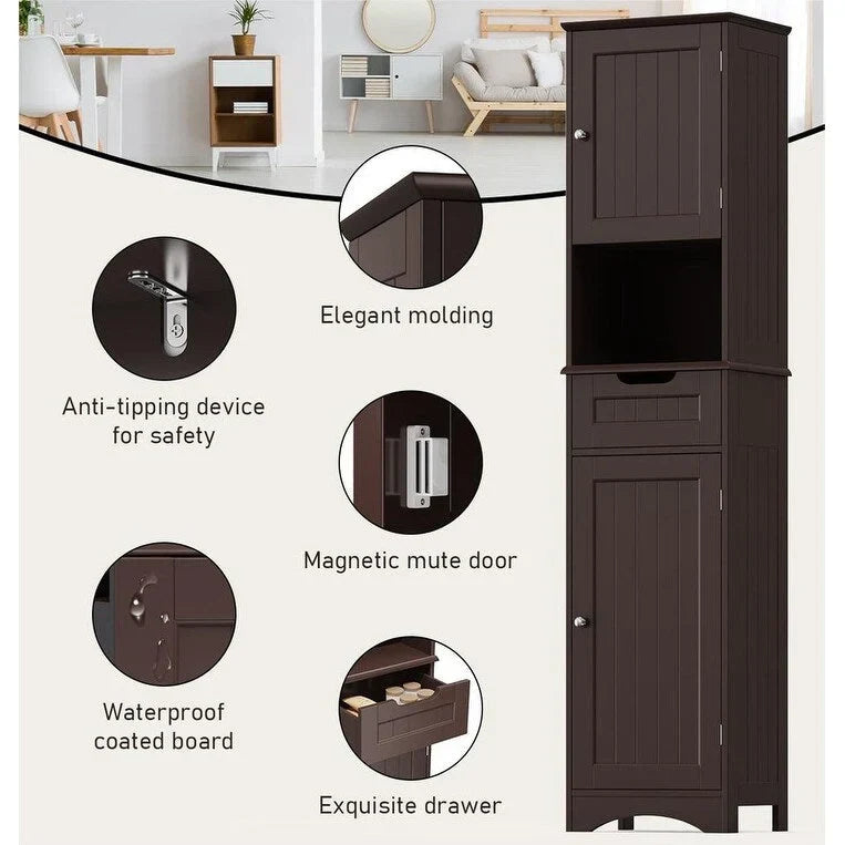 Mobile bagno alto 67 H, Armadietto portabiancheria stretto, Mobiletto contenitore con 2 ante e cassetto