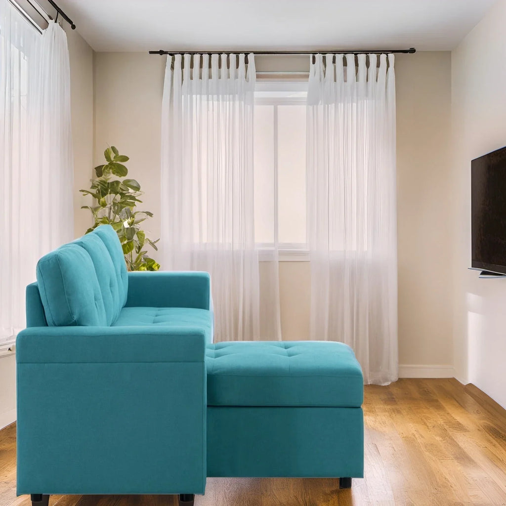 Divano componibile convertibile reversibile con letto estraibile, chaise longue con contenitore nascosto e gambe durevoli