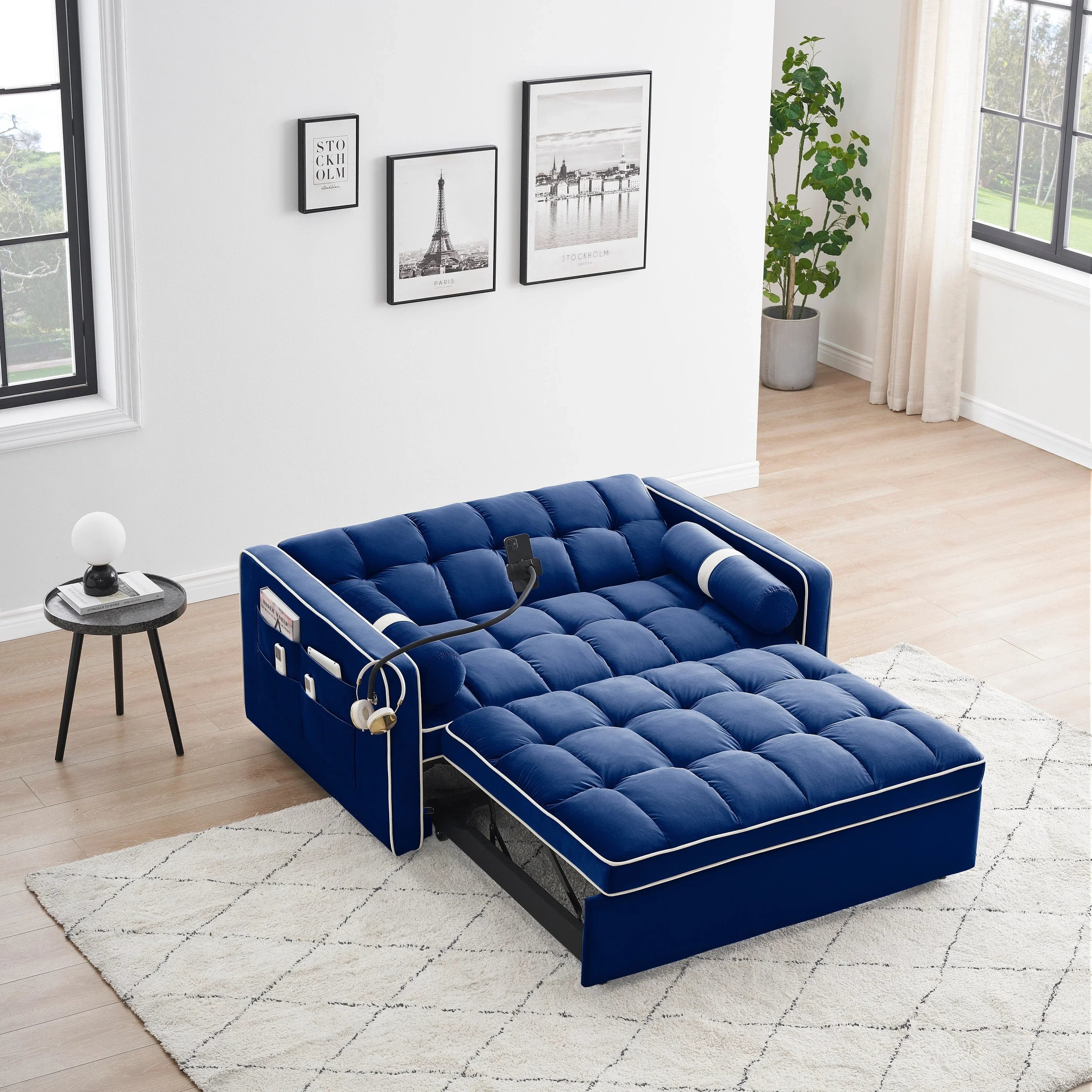 Divano letto trasformabile a 2 posti in velluto da 140 cm con letto estraibile, reclinabile, tasche laterali e supporto per telefono