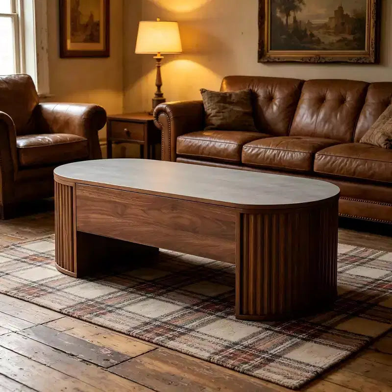 47.2 Table basse relevable avec compartiment caché, ovale, marron