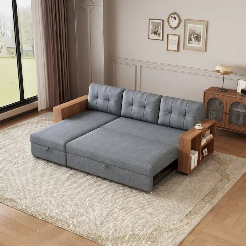Divano Sezionale Convertibile con Letto Estraibile e Chaise Longue Contenitore Nascosto
