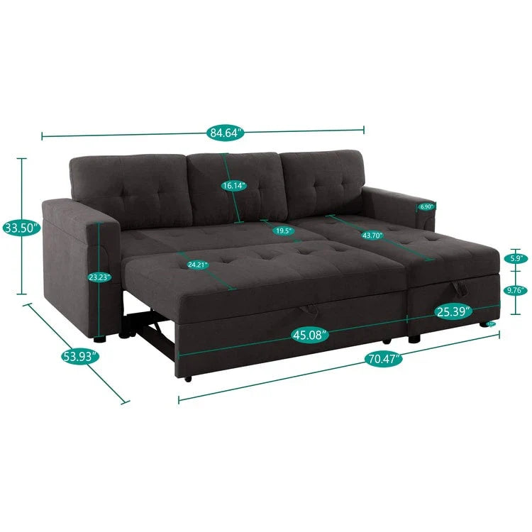 Divano componibile convertibile reversibile con letto estraibile, chaise longue con contenitore nascosto e gambe durevoli