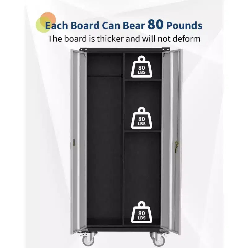 Armadietto portaoggetti da garage con ruote e pannello forato, armadio metallico con serratura alto 183 cm con 2 ante e 4 ripiani regolabili per officina o garage