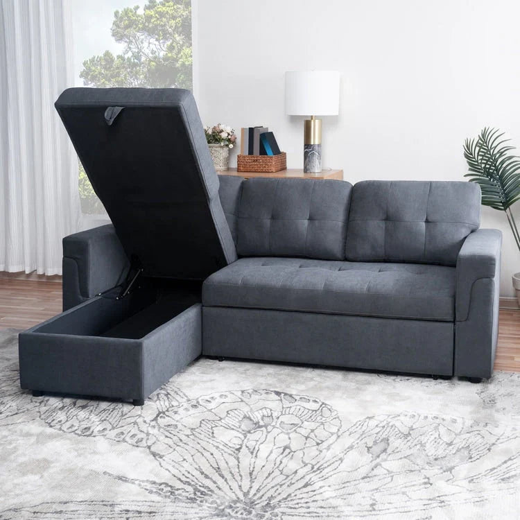 Divano componibile convertibile reversibile con letto estraibile, chaise longue con contenitore nascosto e gambe durevoli