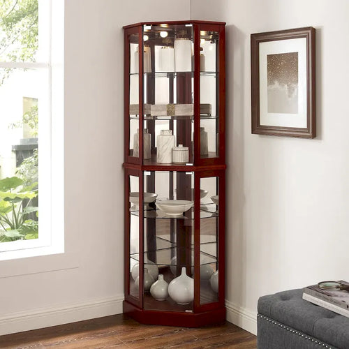 Vitrine d'angle à 6 étagères avec lumières, miroirs et étagères réglables, merisier