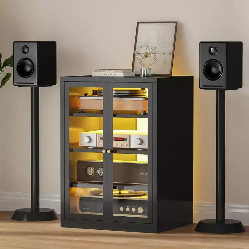 Bekrvio Mobiletto in Metallo, Mobile Stereo a 4 Livelli con Ante in Vetro e Ripiani Regolabili, Rack Audio AV con Gestione Cavi