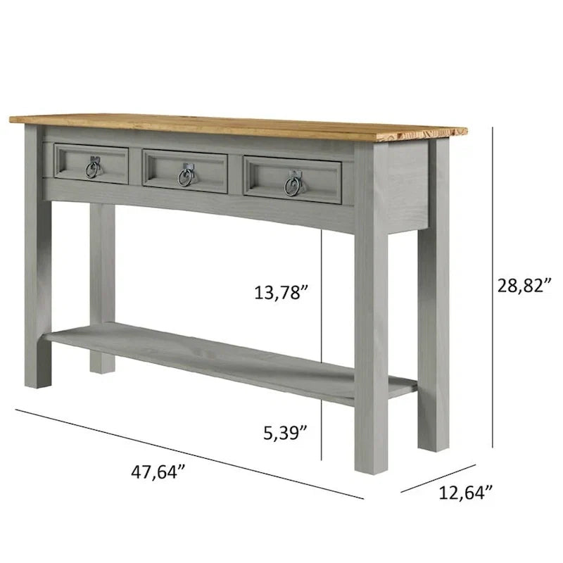 Tavolo Consolle Rustico in Pino Massiccio per Ingresso, Bianco Decapato / Marrone Antico / Grigio Decapato / Non Verniciato, 3 Cassetti