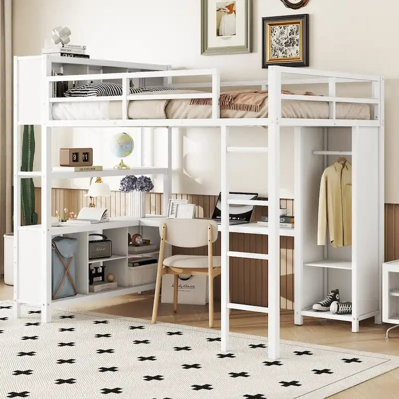 Letto a soppalco in metallo Off-White con scrivania e armadio - Matrimoniale